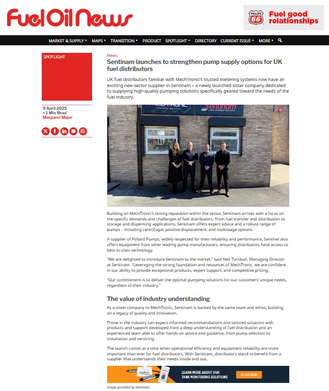 Image shows the article that has been published about Sentinam on Fuel Oil News